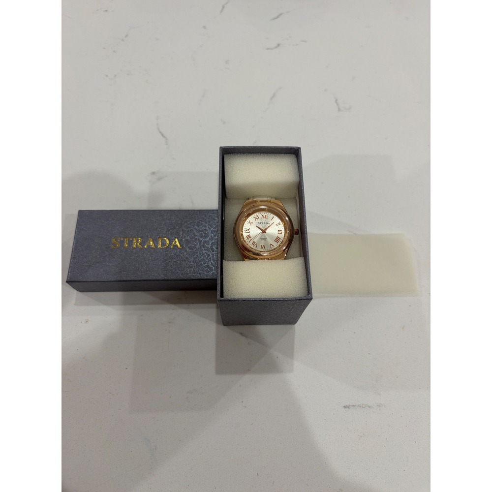 Strada Womens Rose Gold Tone Quartz Watch White Faux Leather Roman Numerals